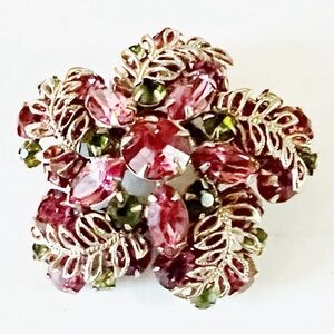 1950 Vintage Pink and Green Gold Tone Metal Brooch crystal